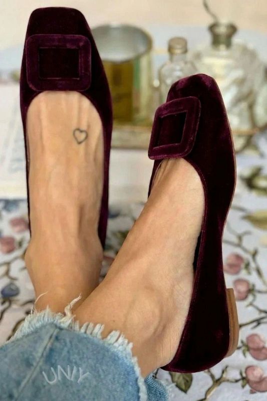 Velvet Square-Toe Flats with Buckle