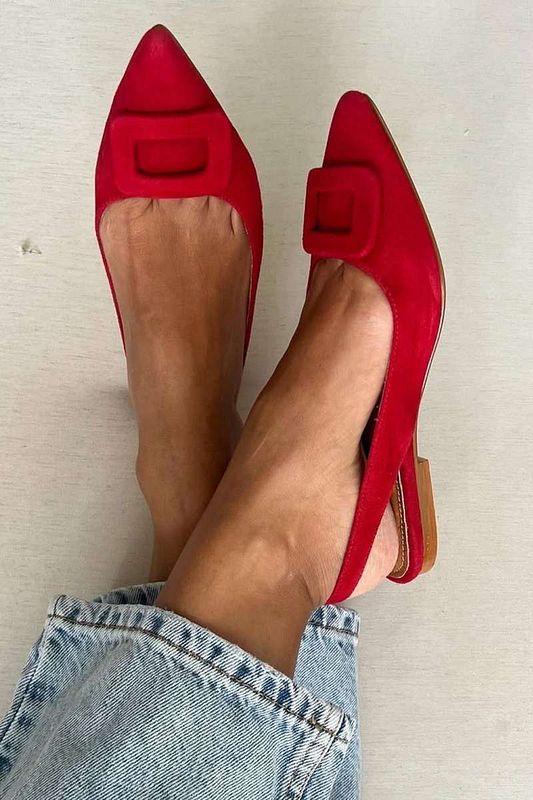 Red Suede Almond-Toe Court Flats with Buckle Detail
