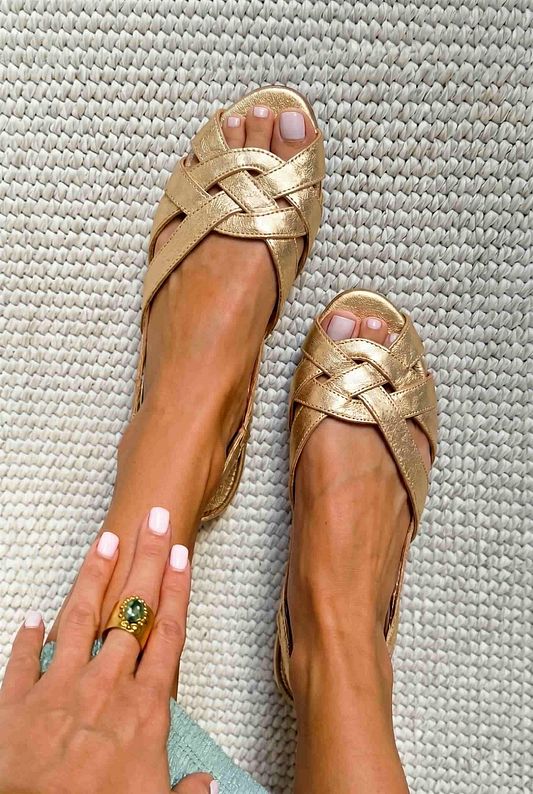 Gold Woven Flat Sandals with Open Back and Open Toe