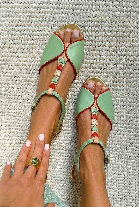Flat Peep-Toe Slingback Sandals with Heart Detail