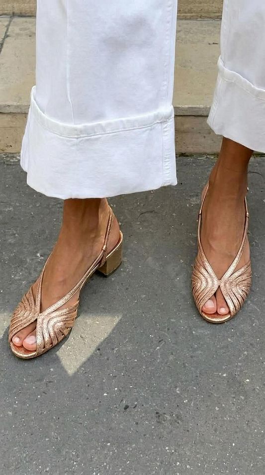Metallic Rose Gold Woven Peep-Toe Slingback Block Heels