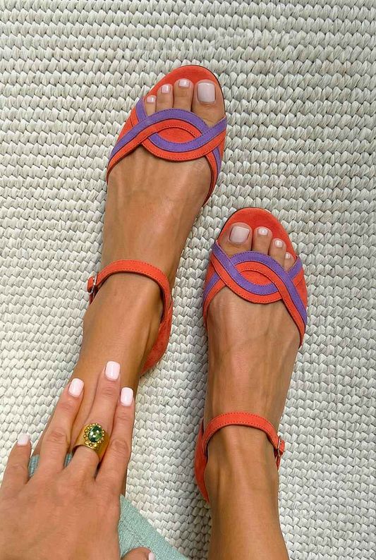 Suede Interlocking Flat Open-Toe Sandals with Ankle Strap