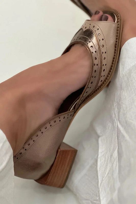 Khaki Patchwork Square-Toe Low Block-Heel Slip-Ons