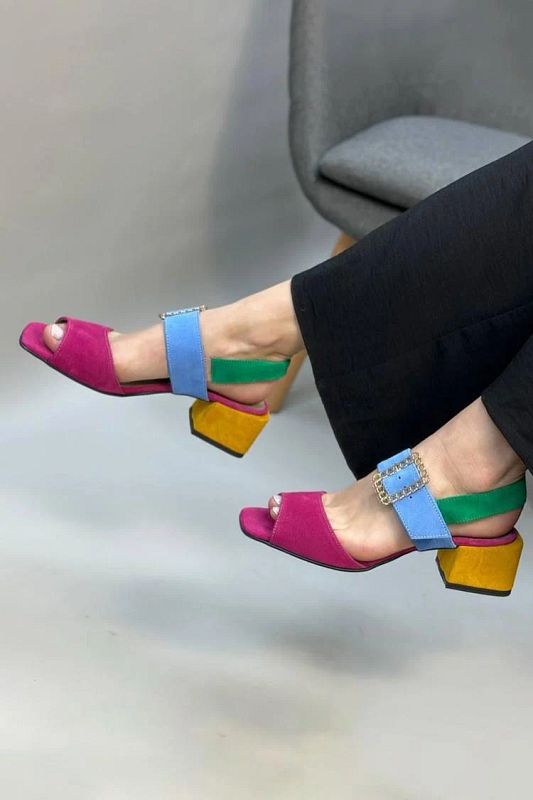 Fuchsia Square-Toe Chunky Heels with Buckle and Multicoloured Instep Strap