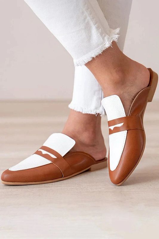 Brown Colour-Block Patchwork Mules with Pointed Toe
