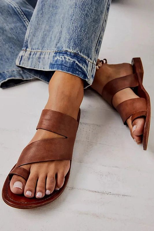 Simple Brown Asymmetric Cut-Out Sandals with Toe Loop