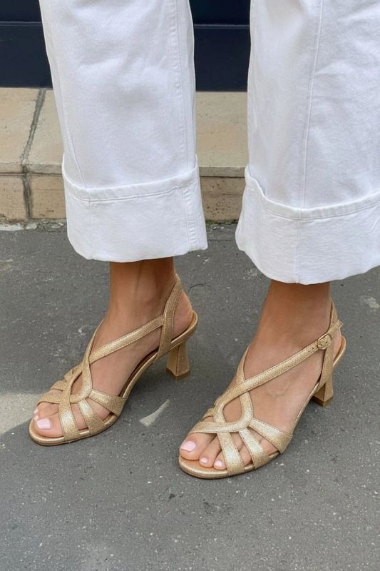 Champagne Gold Multi-Strap Slingback Sandals with Mid Block Heel