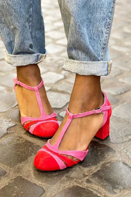 Fuchsia Colour-Block Cut-Out Block Heels with Buckle and T-Bar Strap