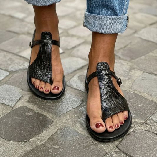 Black Crocodile-Print Leather Flat Sandals with T-Bar Ankle Strap