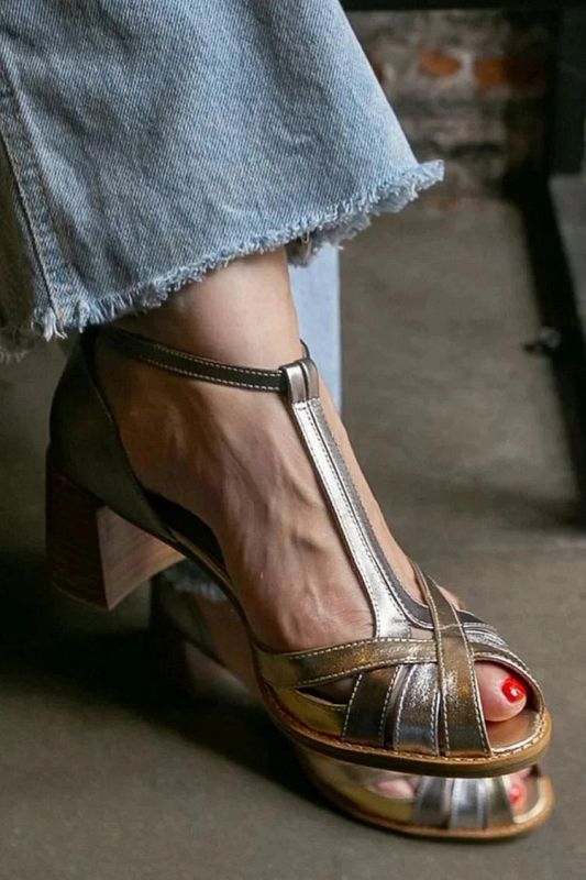 Comfortable Metallic Gold Open-Toe Block Heels with Buckle, T-Bar Strap and Crossover Straps
