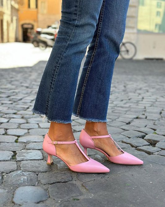 Pink Pointed-Toe Mary Jane Heels with T-Bar Strap