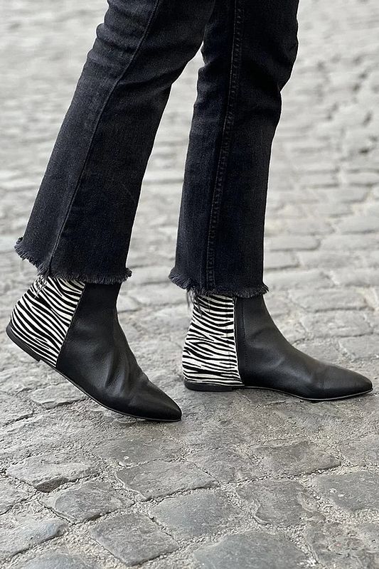Casual Black Zebra-Print Pointed-Toe Ankle Boots
