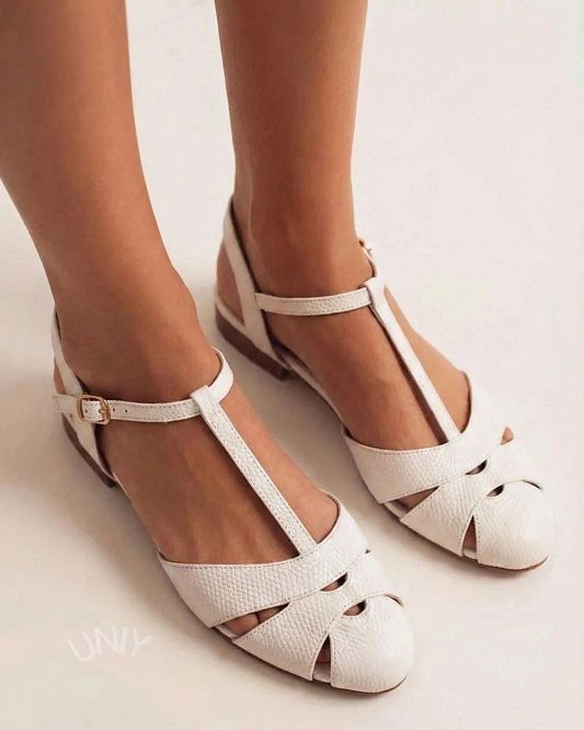 White Round-Toe Mary Jane Flats with T-Bar Strap