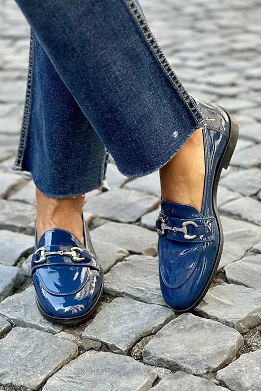 Metallic Navy Round-Toe Loafers with Buckle