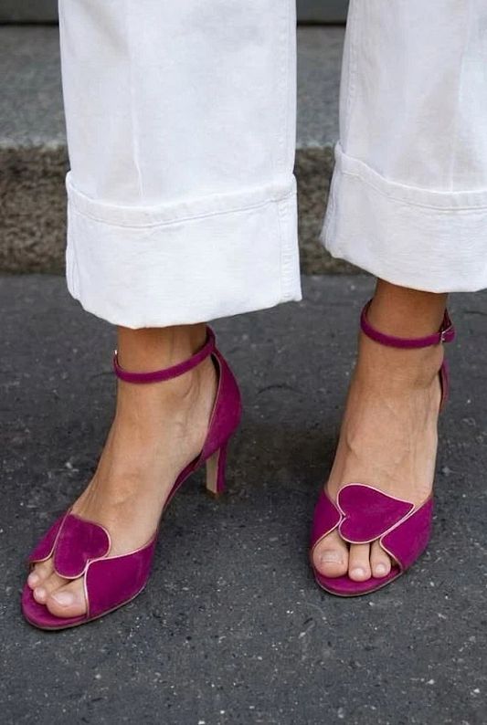 Magenta Peep-Toe Kitten Heels with Ankle Strap and Heart
