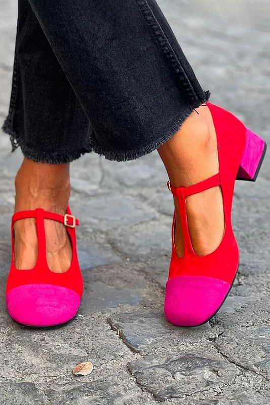 Red Patchwork Round-Toe Block Heels with Buckle and T-Bar Strap
