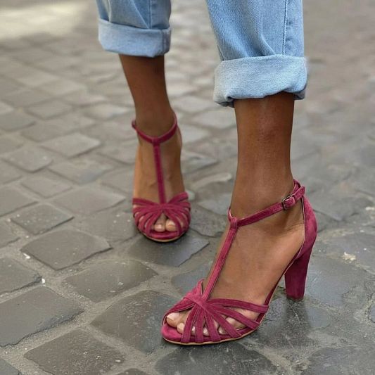 Burgundy Suede Sandals with T-Bar Strap and Wide Block Heel