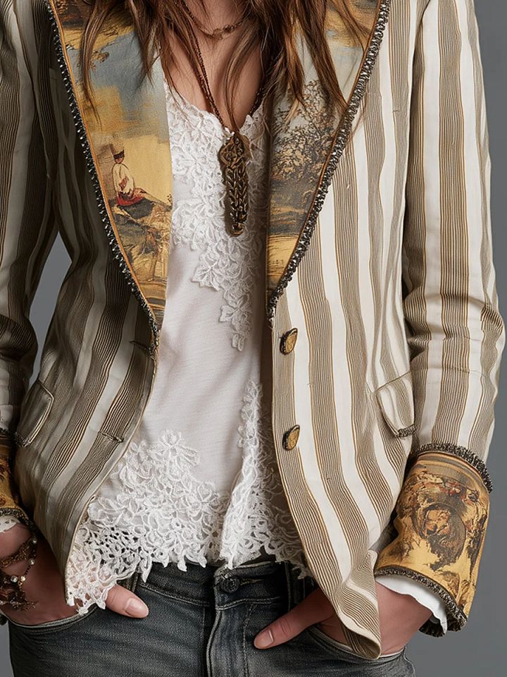 Suzanne | Blazer Bohème Rayé à Col Imprimé
