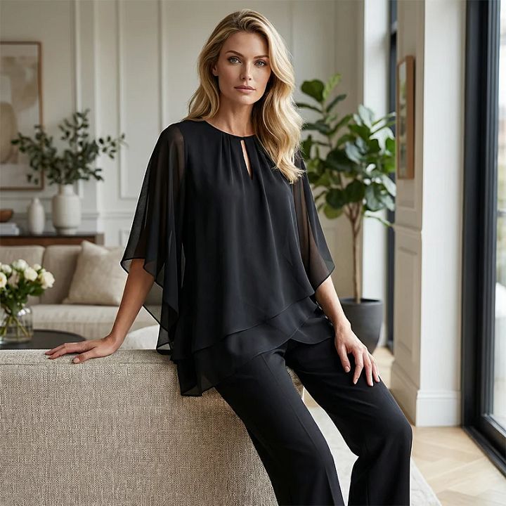 Jeannine | Ensemble Chemisier Asymétrique Superposé et Pantalon Large