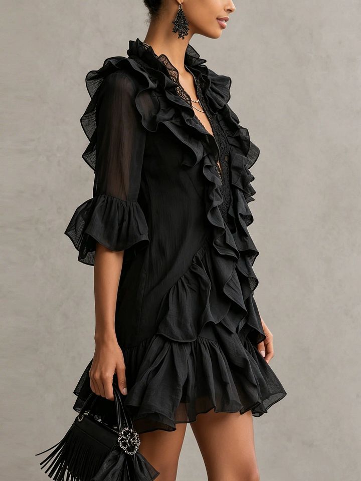 Anaïs | Robe Mini en Mousseline Noire à Volants