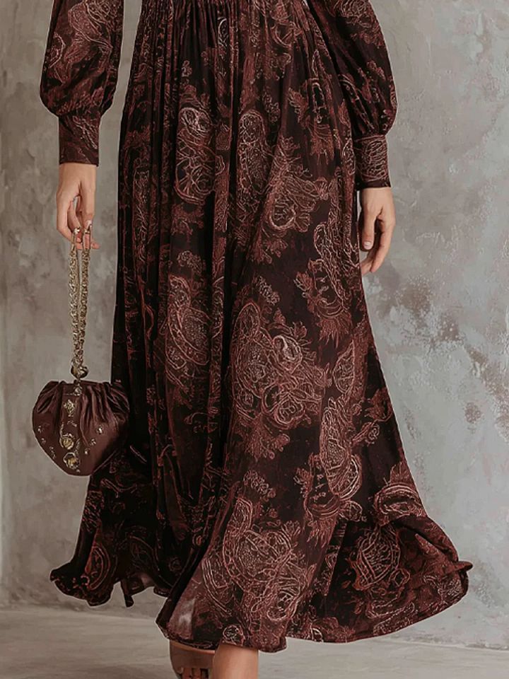 Oriane | Robe Maxi Taille Haute à Zip Imprimé Paisley Marron