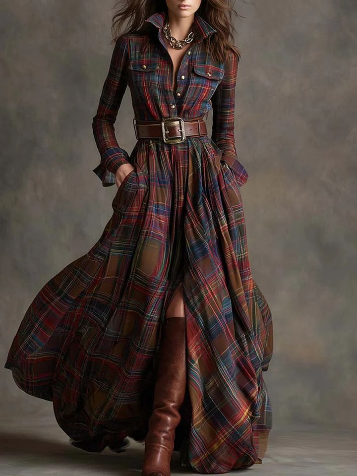 Béatrice | Robe Longue à Carreaux avec Ceinture