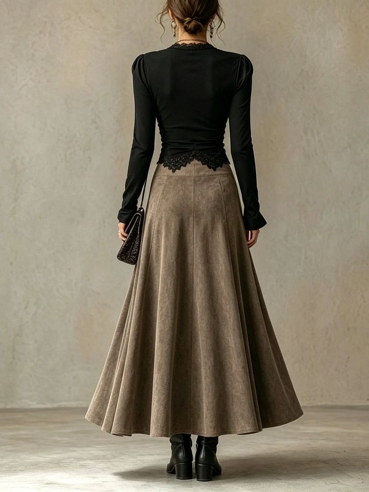 Albane | Ensemble Top en Dentelle et Jupe Maxi Suédine, Noir et Taupe