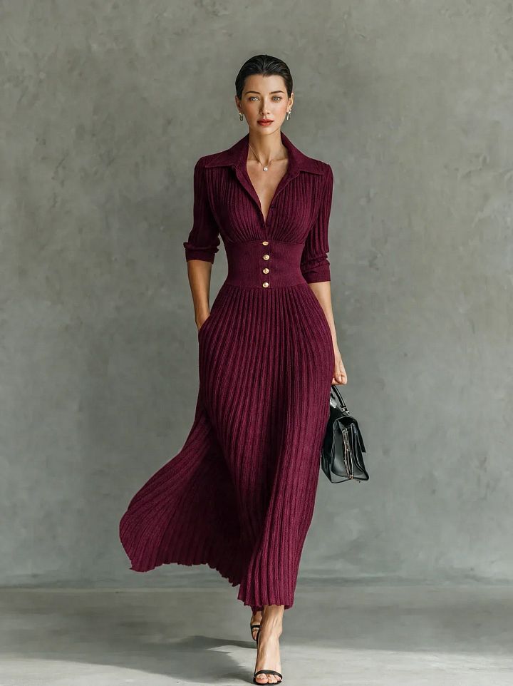Elvire | Robe Longue Plissée à Revers et Taille Haute