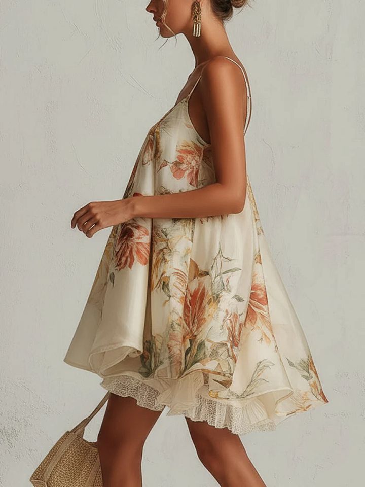 Béatrice | Mini Robe Trapèze en Organza Fleurie Beige, Bordure Dentelle