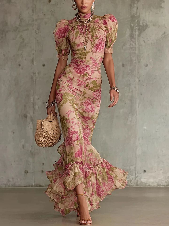 Florette | Robe maxi romantique à imprimé roses vintage et manches bouffantes