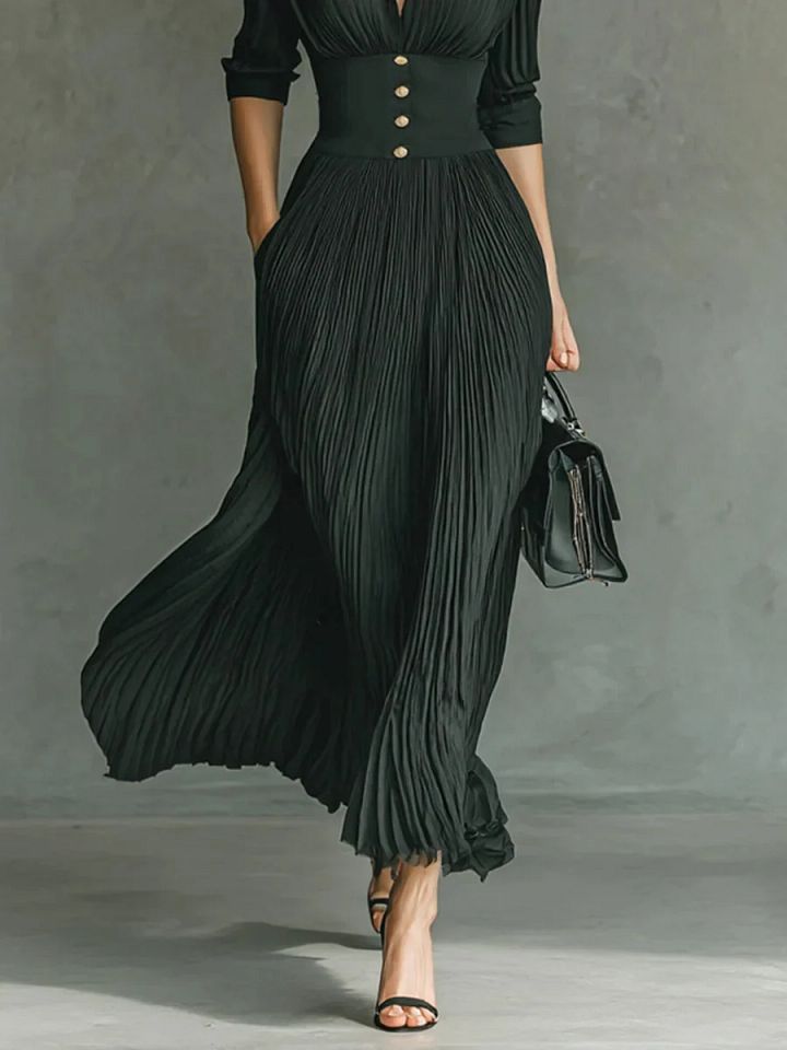Elvire | Robe Longue Plissée à Revers et Taille Haute