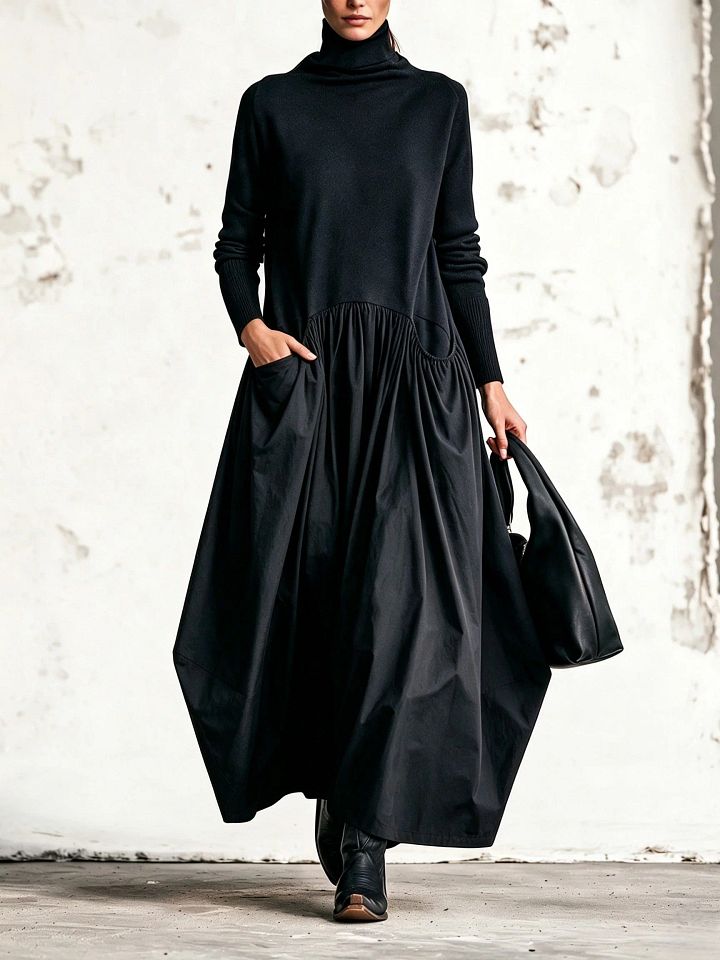 Odette | Robe Maxi Noire Oversize à Col Montant