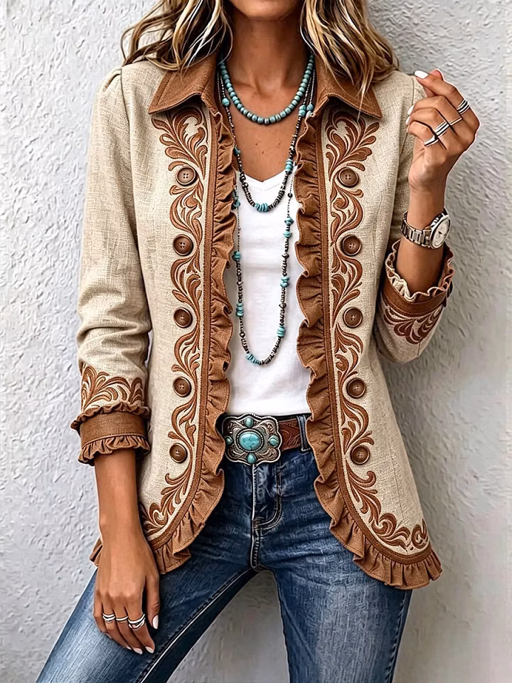Octavie | Veste Bohème Fleurie Vintage Chameau et Marron à Volants