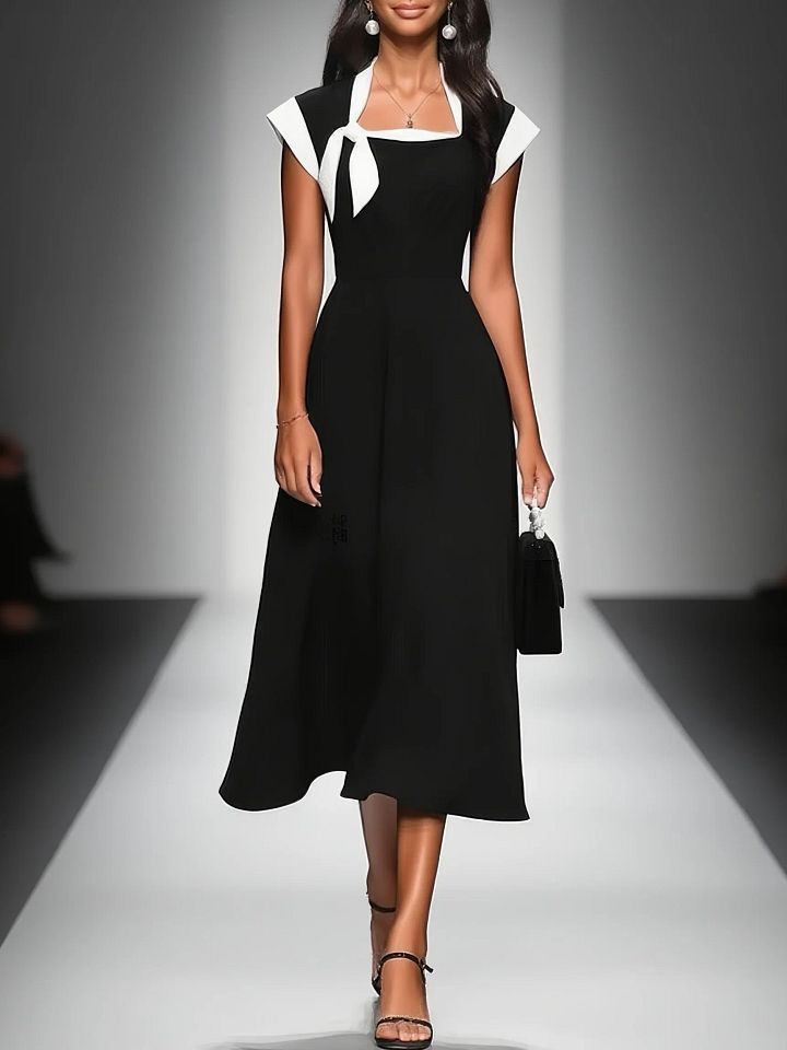 Ariane | Robe Midi Femme à Décolleté Carré et Manches Colorblock