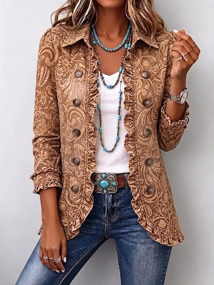 Noémie | Veste Bohème Fleurie Vintage Marron à Volants