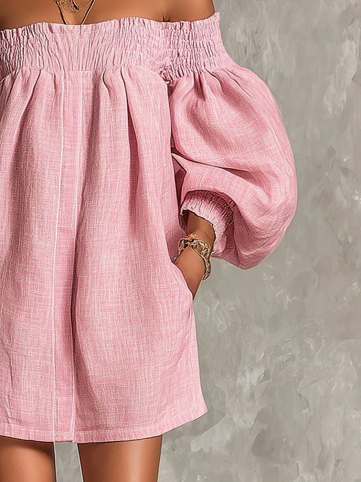 Rosabelle | Mini Robe Trapèze Ample, Manches Lanterne, Épaules Dénudées Roses