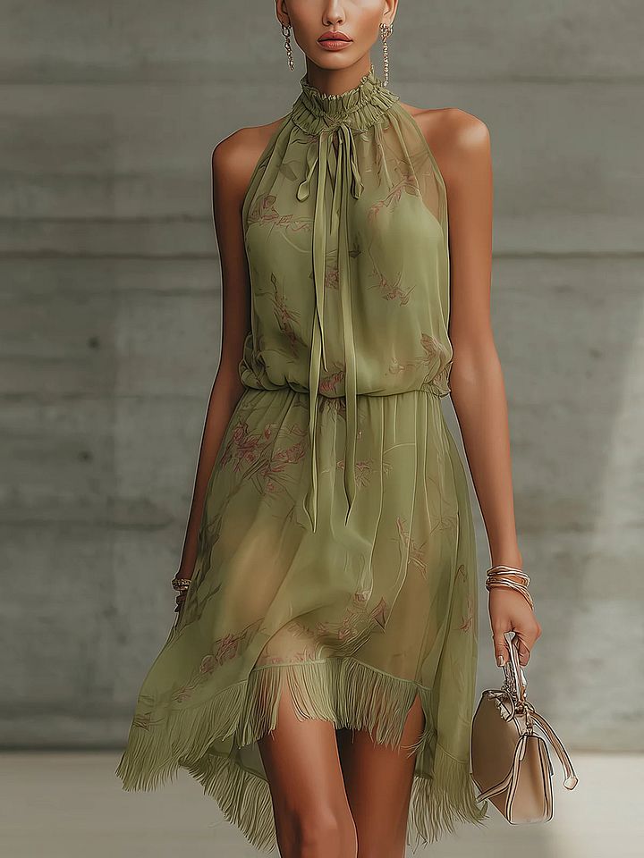 Sylvie | Mini Robe en Mousseline Fleurie Verte, Taille Haute