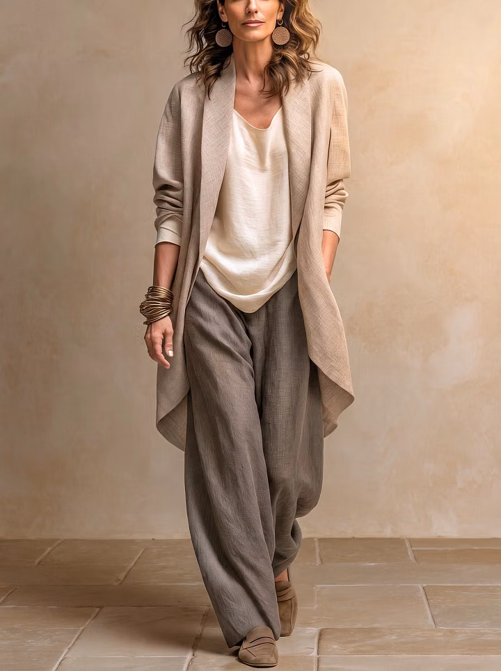 Constance | Ensemble Trois Pièces Beige et Gris, Décontracté à Superpositions avec Pantalon Palazzo, Élégant