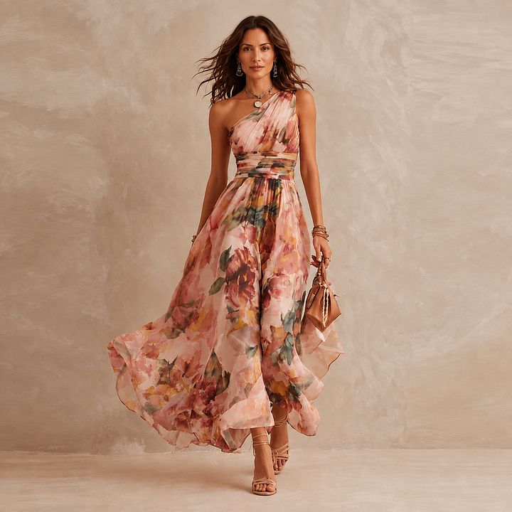 Céleste | Robe Maxi À Une Épaule Fleurie