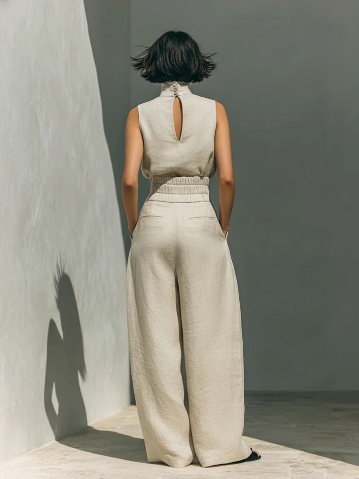 Aurora | Ensemble deux pièces beige en lin avec haut sans manches et pantalon large