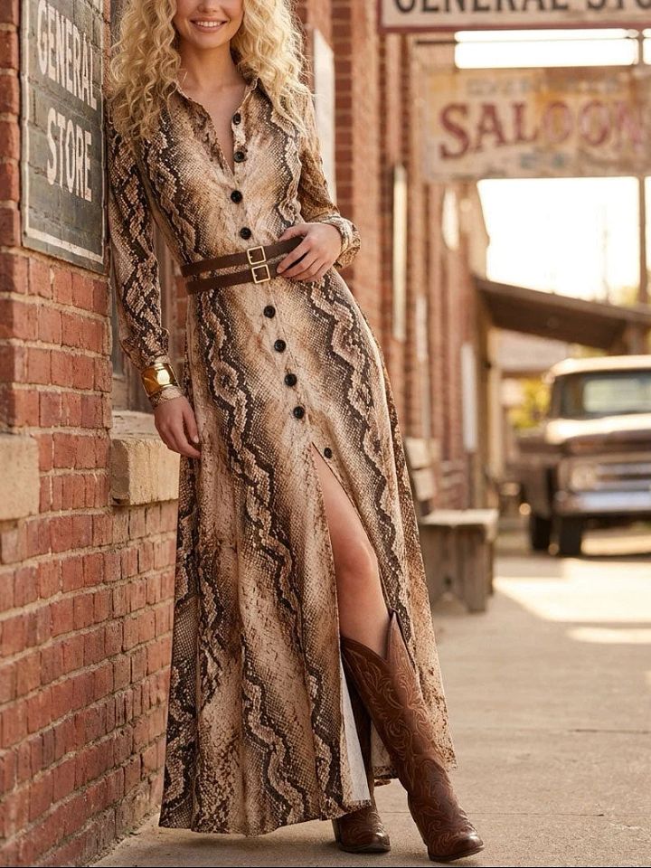 Esther | Robe Maxi Imprimé Reptile Marron Vintage à Double Bretelle et Fente
