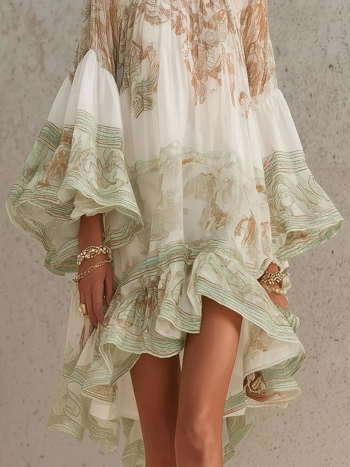 Rosalie | Robe Mini en Mousseline à Manches Volantées et Ourlet Rayé Vert