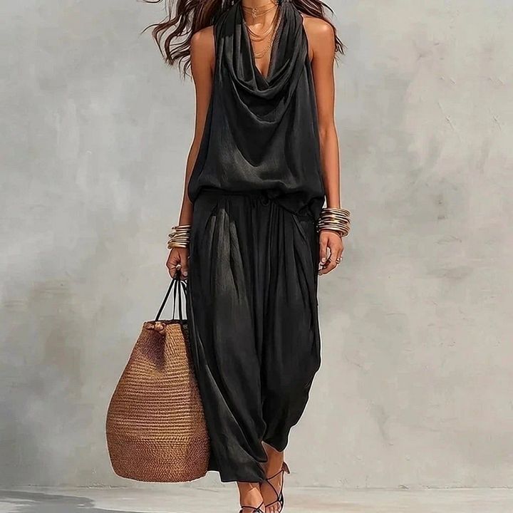 Ambre | Ensemble Fluide Haut Halter Drapé et Pantalon