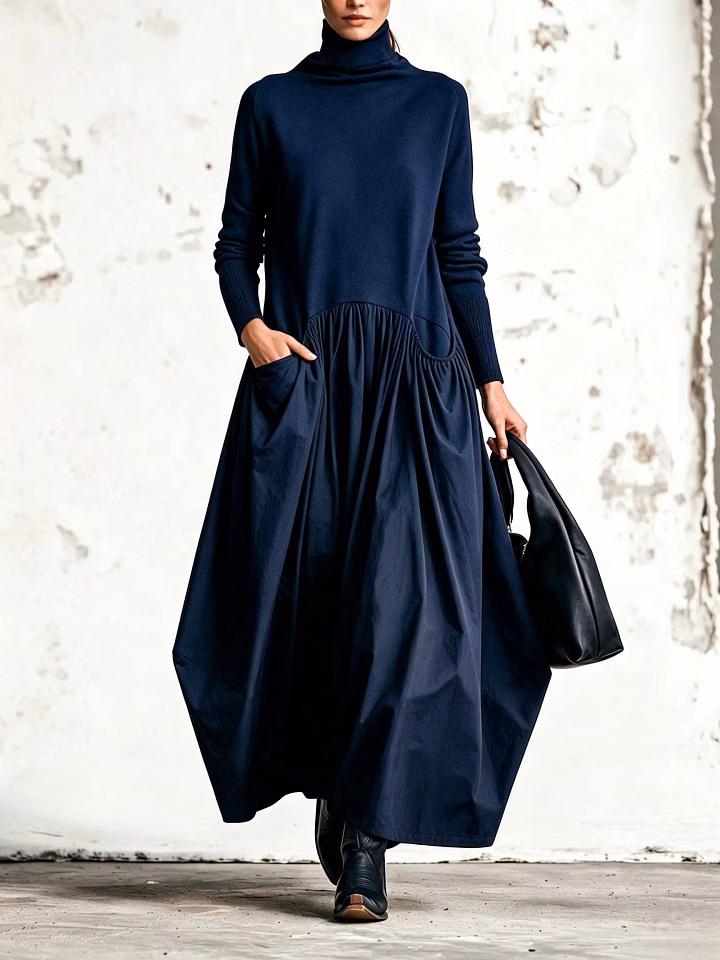 Odette | Robe Maxi Noire Oversize à Col Montant