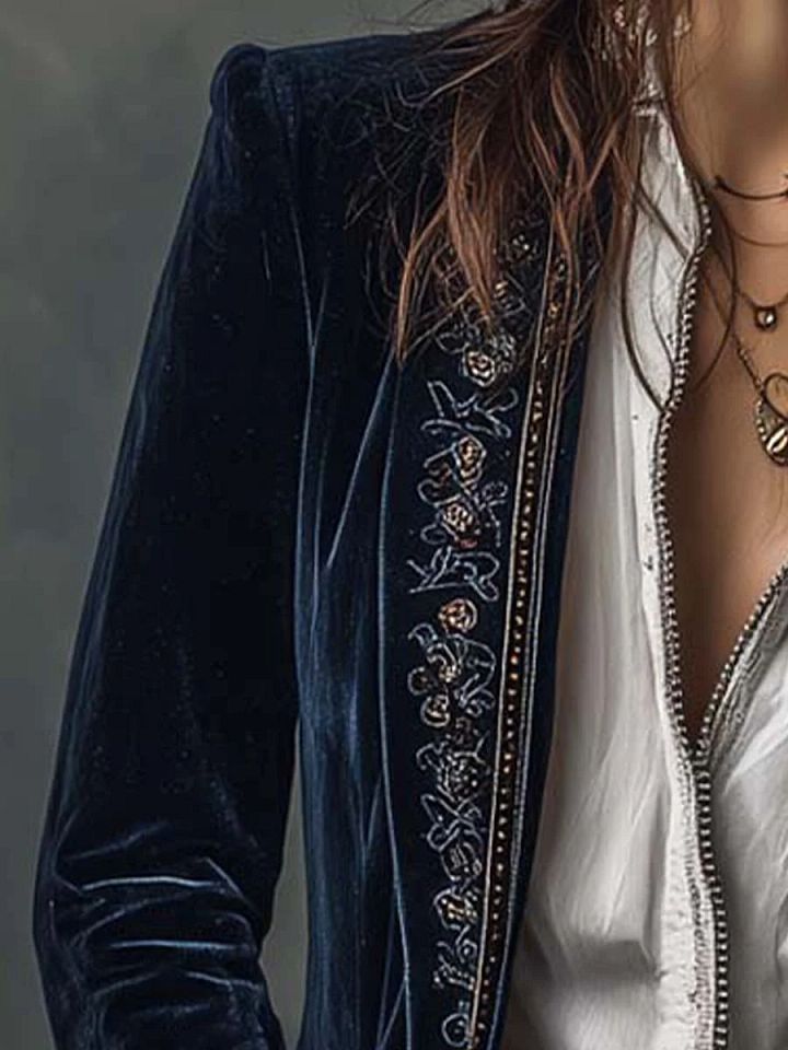 Athénaïs | Veste Longue Brodée Vintage Bleu Marine