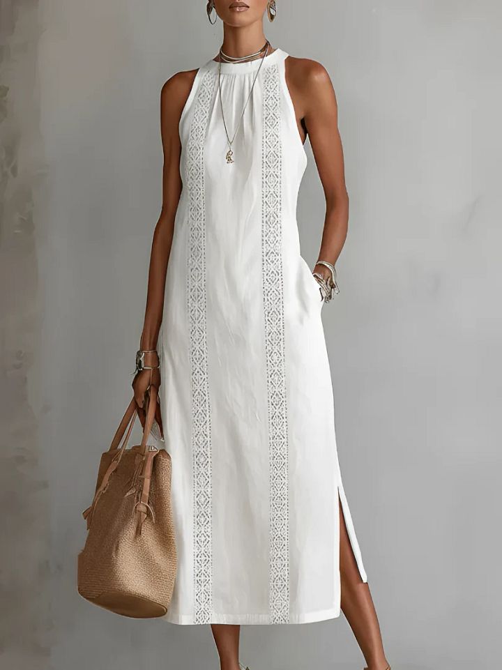 Jimena | Robe midi décontractée brodée à col mao