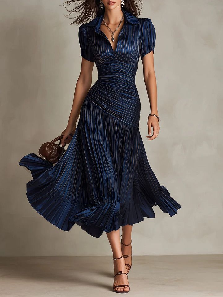 Adriana | Robe midi satinée à rayures rétro