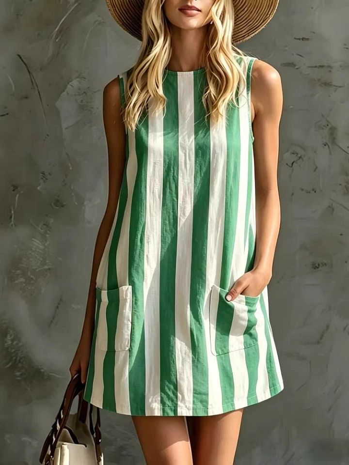 Margot | Mini Robe Rayée Sans Manches, Col Rond