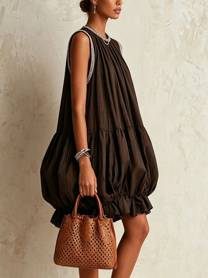 Colette | Mini Robe Sans Manches Marron à Ourlet Bouffant