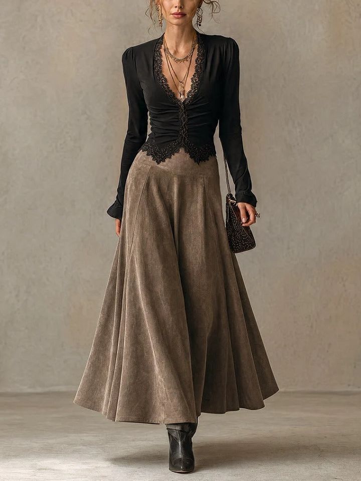 Albane | Ensemble Top en Dentelle et Jupe Maxi Suédine, Noir et Taupe
